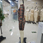 See Through Dress Women Aesthetics Print Sexy O-Neck Full Sleeve Skinny Peach Hip Clubwear Midnight Mini Bodycon