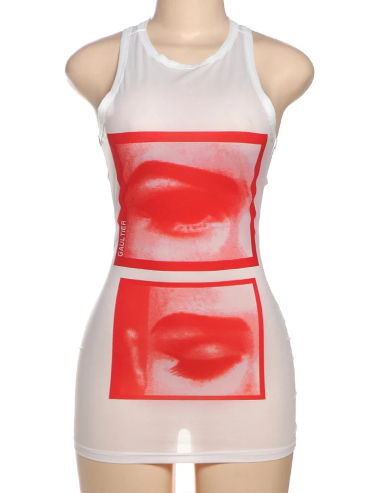 Lip Print Women Long Tops Sexy Y2K Hipster Thin O-neck Sleeveless Wild Basic Stunning Street Club Midnight Party Vest