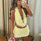 Sequin Tassels 2 Piece Set Women Sexy Swing Collar Tank Tops+Peach Hip Skits Midnight Summer Birthday Party Clubwear