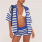 Women Striped Hollow Knit 2 Piece Set Short Sleeve Button Down Top High Waist Mini Shorts Matching Outfit Beach Cover Up