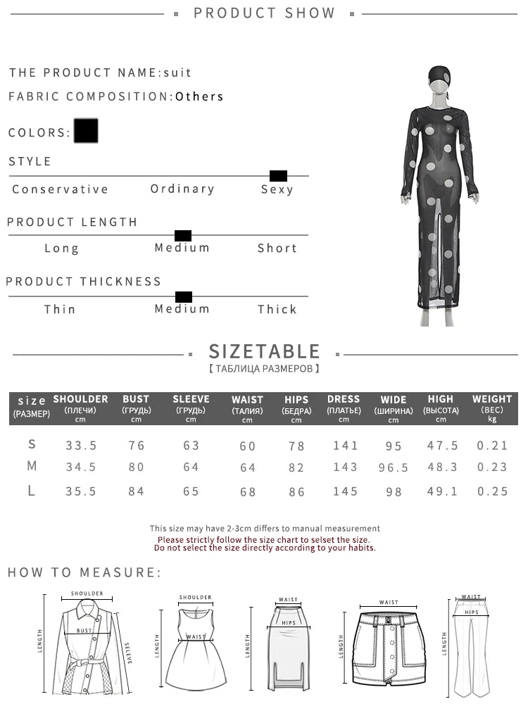 Mesh See Through Long Dress+Headscarf Woman Autumn Trend Polka Dot Print o-Neck Full Sleeve Sexy Fashion Vestidos