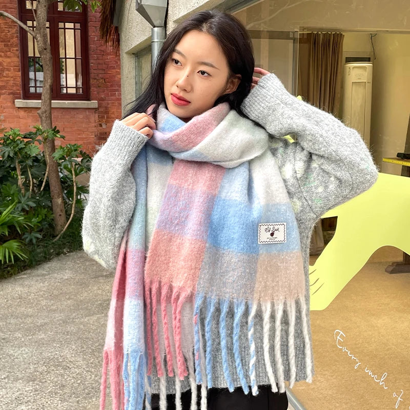 Warm Dopamine Color Block Rainbow Fringe Scarf For Women