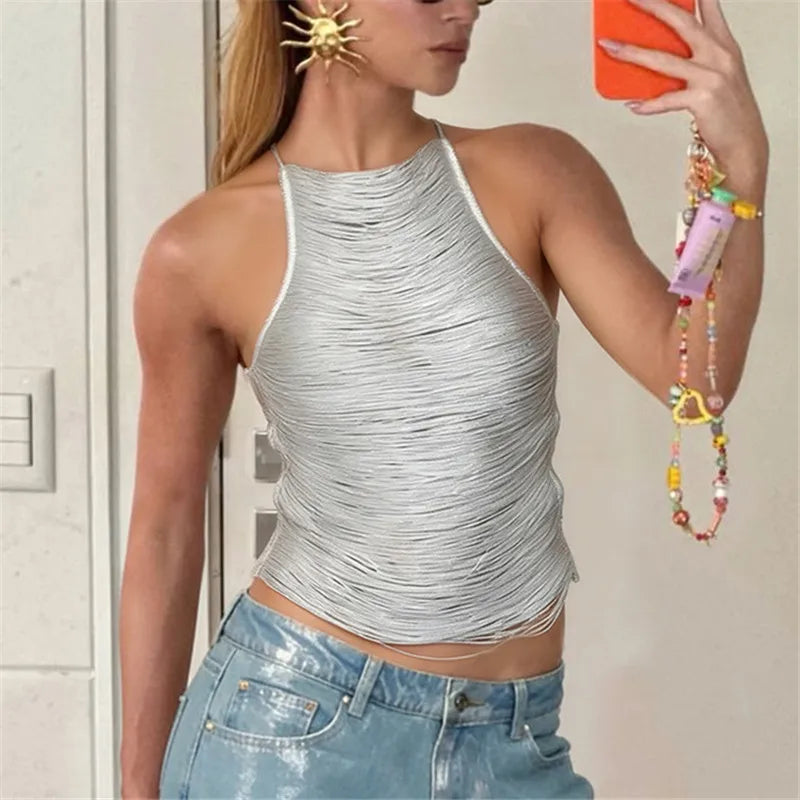 Women's Summer Cold Shoulder Vest Sleeveless Solid Color Tassel Cross Back Tank Tops Sexy Ladies Party Clubwear