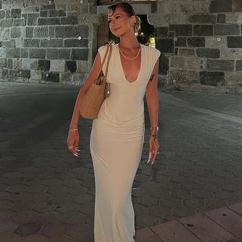 Deep V Neck Sleeveless Ruched Long Dresses for Women Solid Color Elegant Summer Dresses 2026