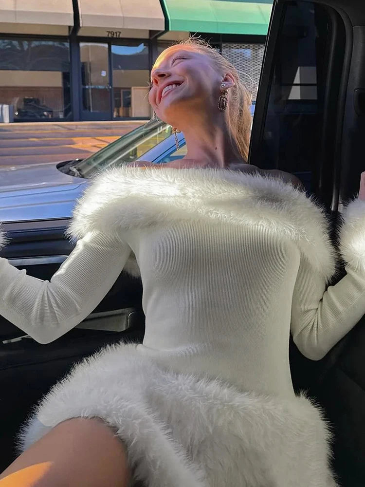 Christmas Elegant Dress Women Patchwork Fluffy Slash Neck Full Sleeve Winter Trend Skinny Birthday Party Mini Bodycon