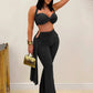 Sexy Chic 2 Piece Set Women Summer Halter Backless Knot Camisole+Metal Ruched Ribbon Flare Pants Matching Outfits