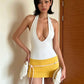Street Mini Dress Woman Contrast Patchwork Bandage Halter Low-Neck Backless Skinny Peach Hip Y2K Elegant Style Bodycon