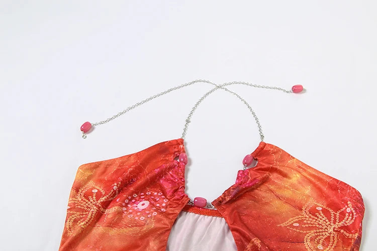 Beads Chain Halter Dress Women Fashion Print Sexy Hollow Off Shoulder Vacation Beach Style Ruched Elegant Outfits