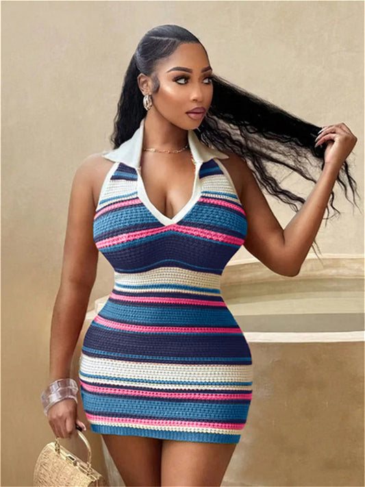 Crochet Stripe Patchwork Dress Women Halter Polo-Neck Backless Sleeveless Skinny Peach Hip Sexy Fashion Mini Bodycon