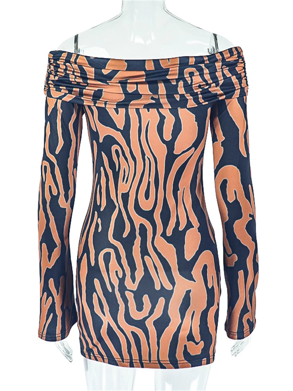 Sexy Striped Printing Dress Women Slash Neck Flare Sleeve Peach Hip Coquette Midnight Party Club Stretch Slim Bodycon