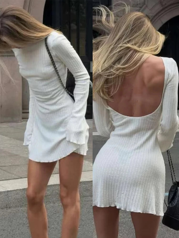Casual Backless Dress Women Thin Autumn O-Neck Flared Long Sleeve A-Line Stretch Basic Streetwear Elegant Bodycon