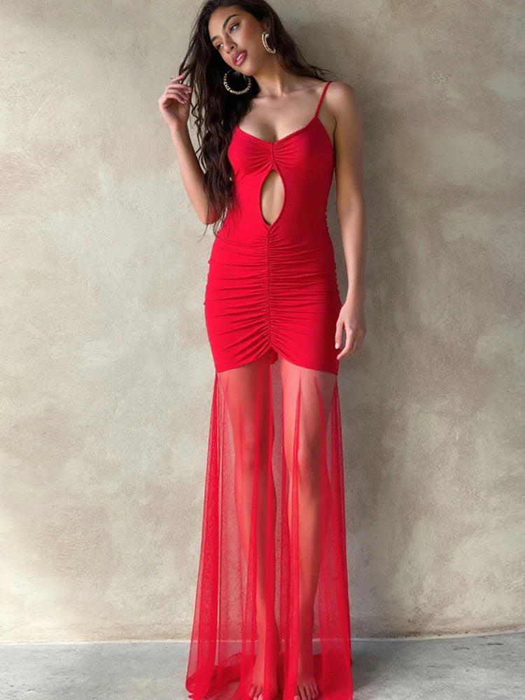 Mesh Patchwork Dress Women Low-Neck Off Shoulder Backless Vacation Fashion Beach Party Ruched Elegant Long Bodycon