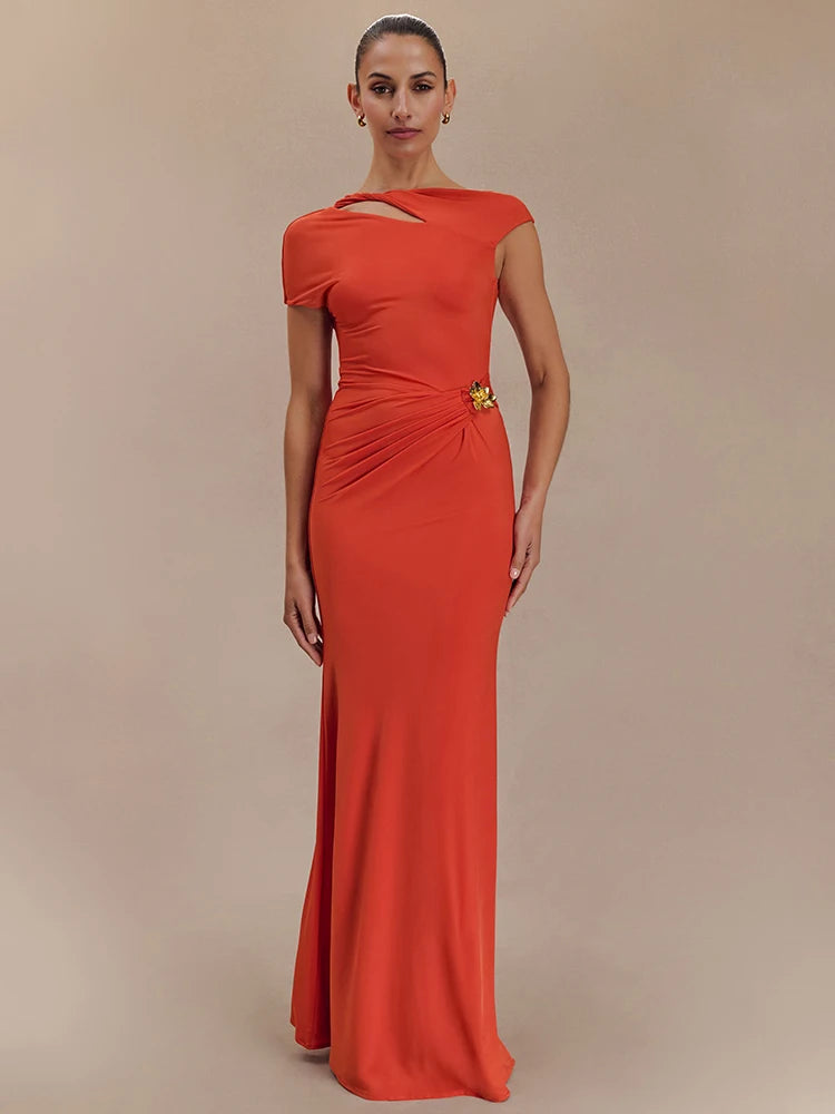 Hollow Out Gold Clasp Sexy Maxi Dress For Women Gown Solid Sleeveless Backless Ruched Bodycon Club Long Dress Elegant