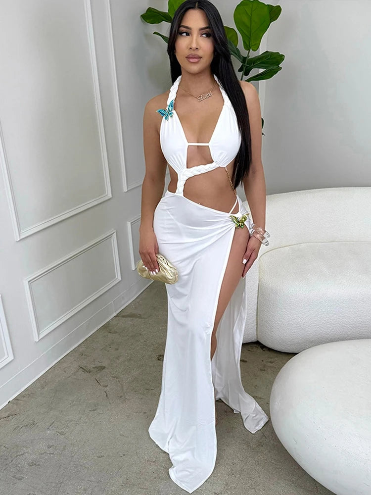 Hollow Split Women Dress Summer Trend Sexy Y2K Metal Butterflies Sleeveless Backless Bandage Whip Split Maxi Bodycon