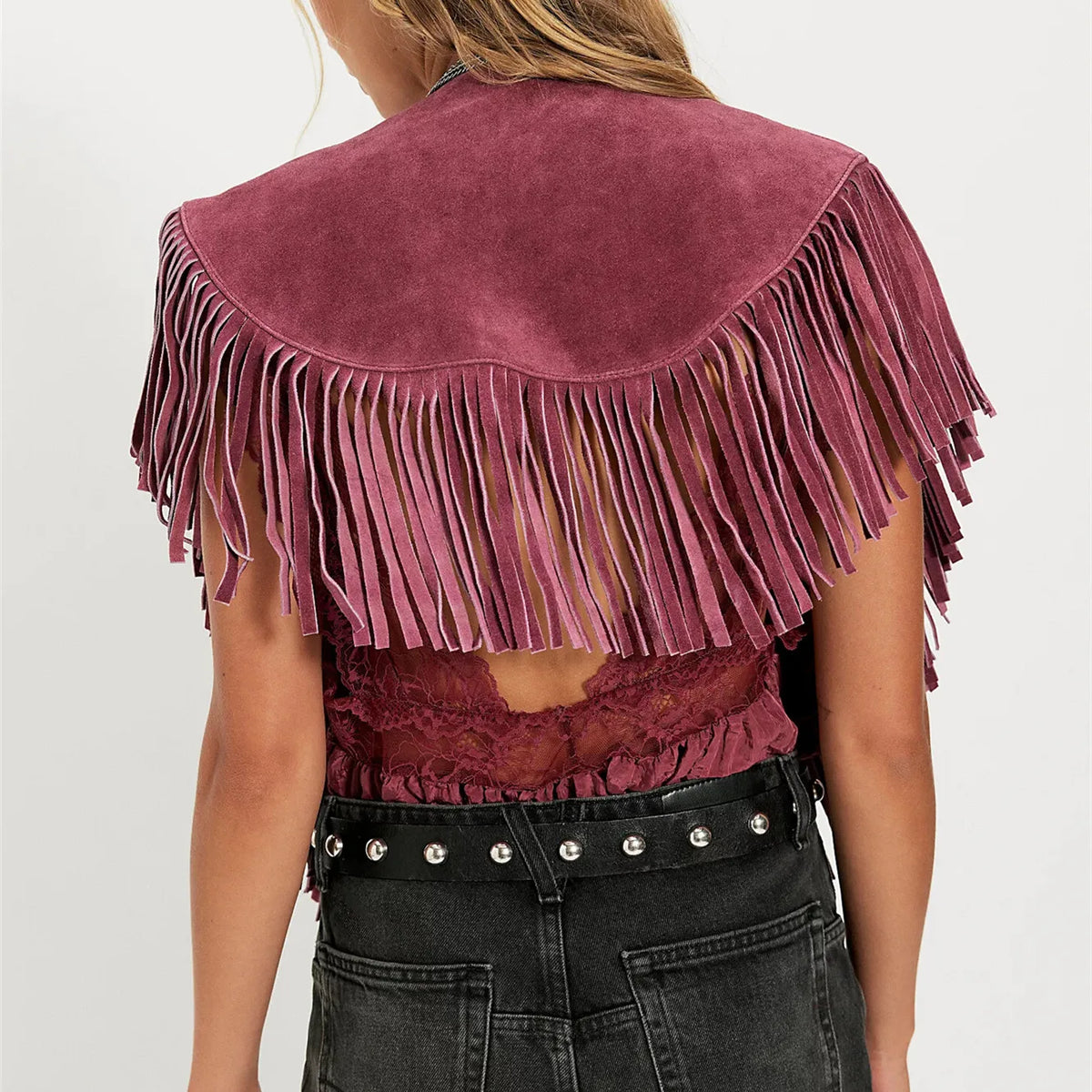 Women's Bohemian Fringe Suede Vest Open Front Cropped Sleeveless Fringe Jacket Western Cowgirl Vintage Streetwear