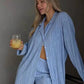 Pleated Loungewear Set Woman 2 Pieces Summer Long Sleeve Button Shirt Trousers Casual Women's Workout Clothing Outfits