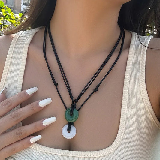 2Pcs Chinese Style Vintage Peace Buckle Pendant Choker Necklace for Women Simple Adjustable Long Chain Y2K Jewelry Accessories