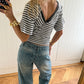 Women Striped V-Neck T-Shirt Short Sleeve Ruched Casual Top Pink White Stripe Summer Y2K Blouse Streetwear Tops