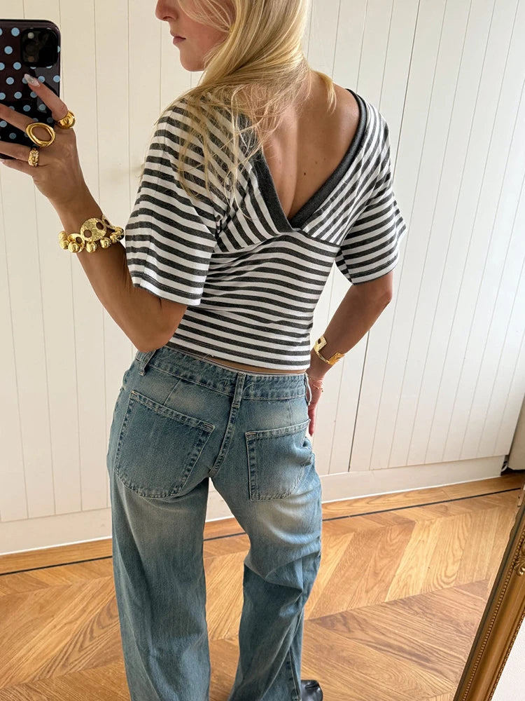Women Striped V-Neck T-Shirt Short Sleeve Ruched Casual Top Pink White Stripe Summer Y2K Blouse Streetwear Tops