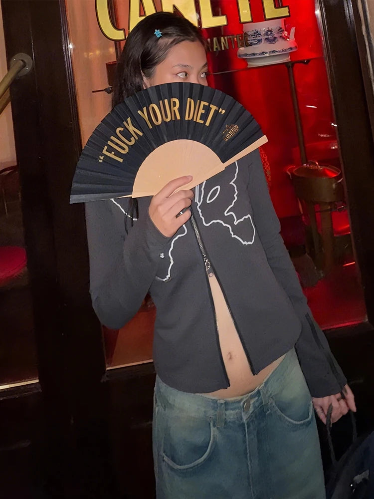 Casual Butterfly Print Jacket Women Daily Classic Patchwork Full Sleeve Double Zip Trend Sporty Elastic Street Coat