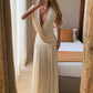 Elegant Deep V Neck Sexy Maxi Dress Women Fashion Sleeveless Draped Ruched Waist Bodycon Club Party Long Dresses Female