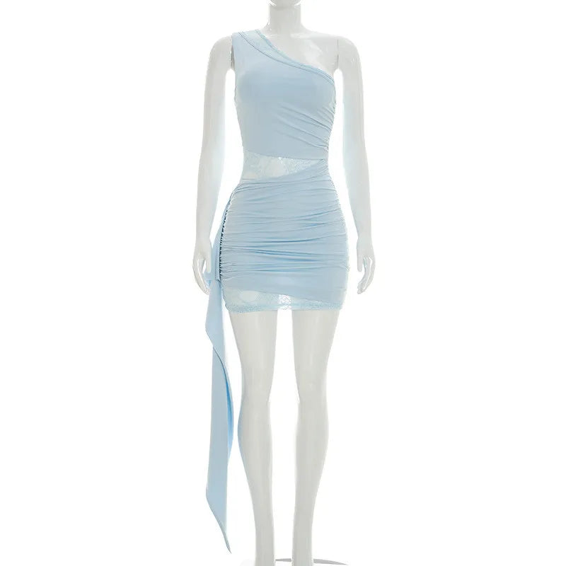 Elegant Women One Shoulder Lace Patchwork Mini Dress Ruched Bodycon with Sash Detail Summer Party Club Cocktail Events