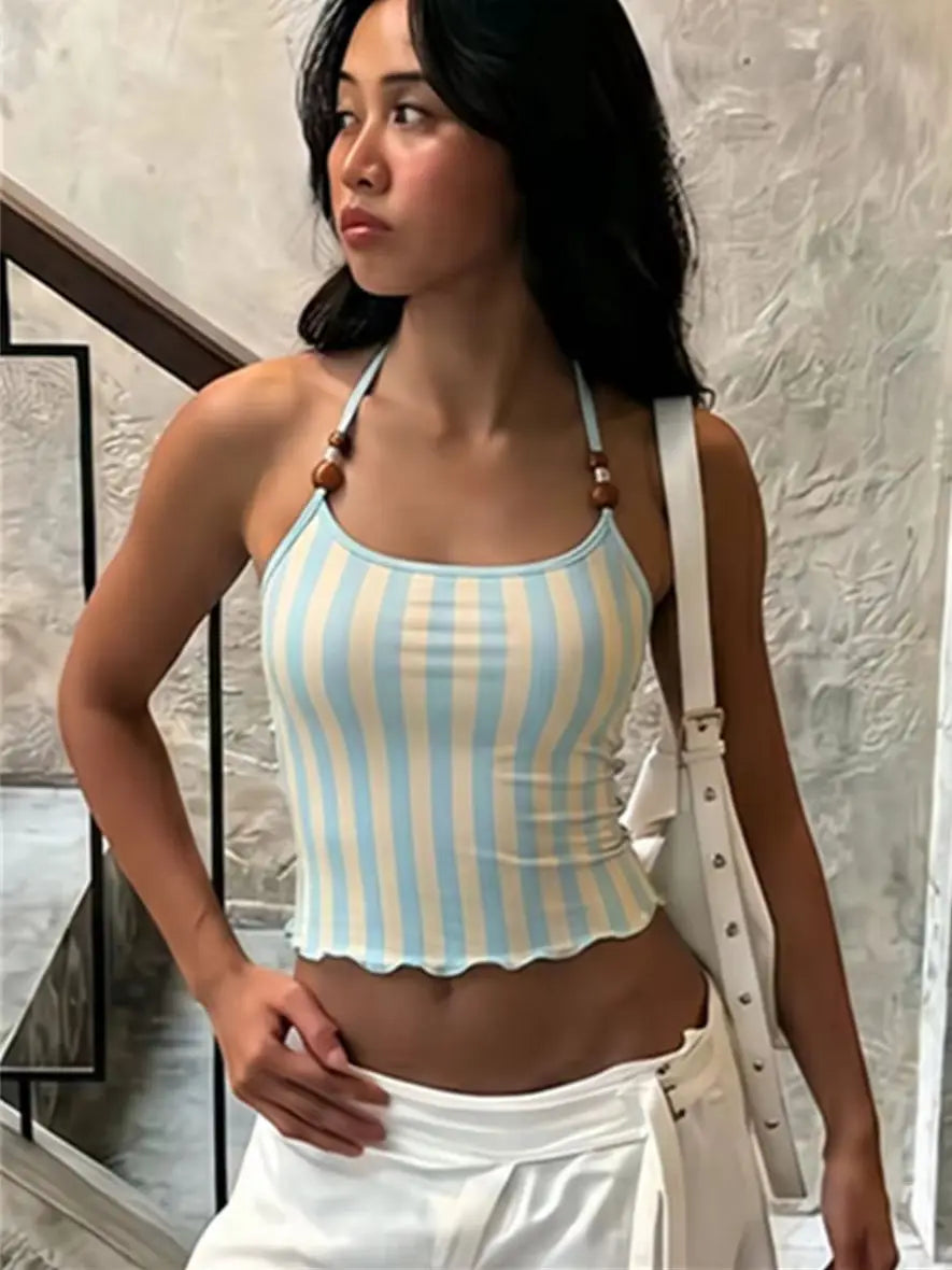 High Street Trend Stripes Tank Tops Women Hottie Backless Bead Halter Bandages Piping Stretch Fashion Simple Club Vest
