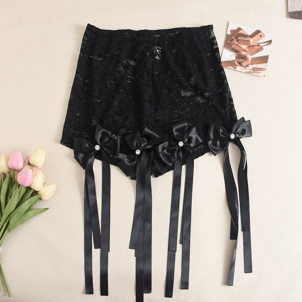 Trend 2 Piece Set Women Summer Applique Print Shorts Sleeve Crop Tops+Sexy See Through Bow Tassel Shorts Streetwear