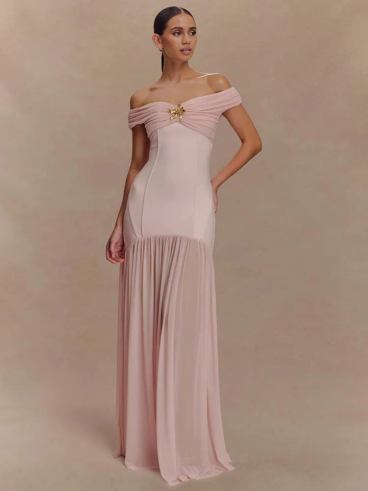 Off-shoulder Backless Sexy Maxi Dress Women Metal Flower Pink Patchwork Sleeveless Ruched Pleated Club Party Dress 2025