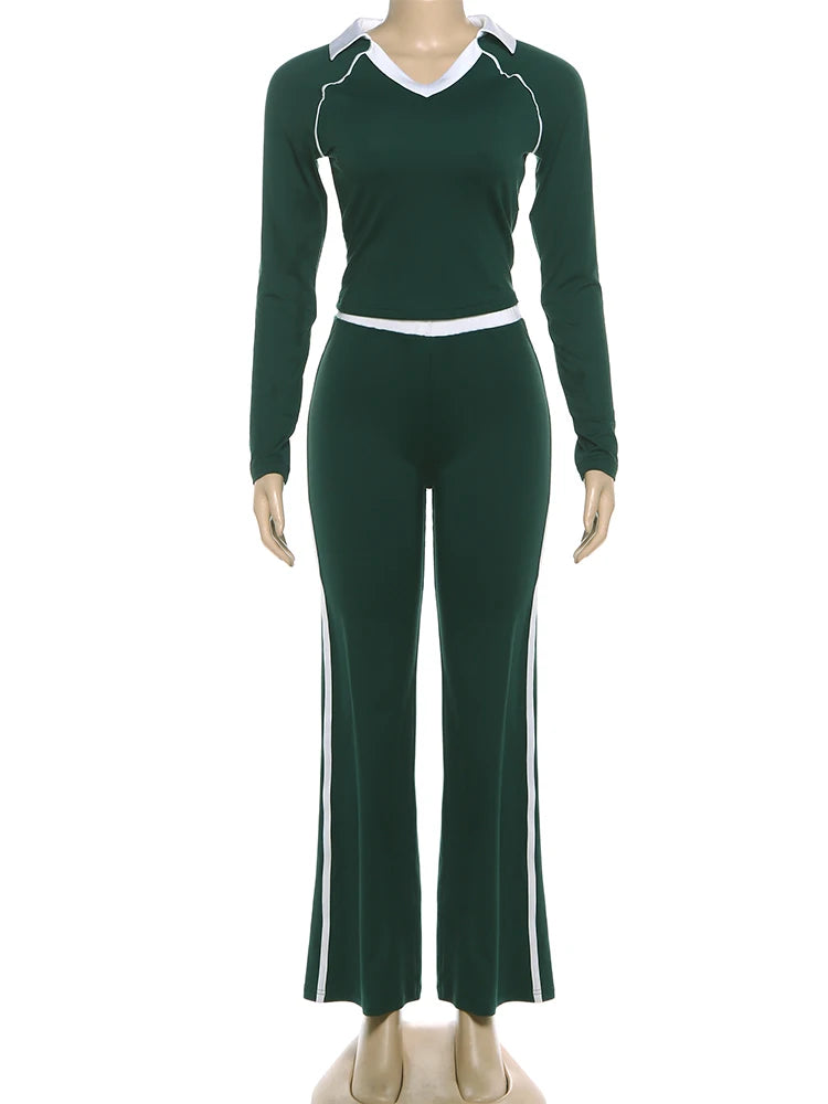 Sporty Simple Contrast Patchwork 2 Piece Set Woman V-Neck Full Sleeve Tops+Skinny Long Pants Casual Style Classic Outfits