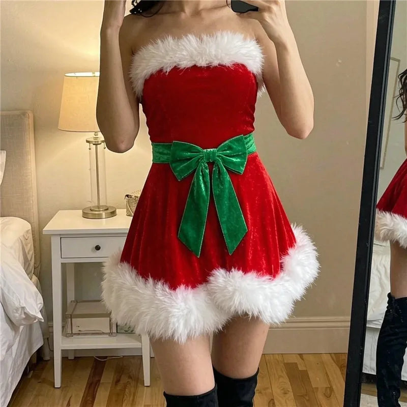 Women Strapless Santa Mini Dress Red Velvet White Faux Fur Hem Green Bow Belt Christmas Eve Party Cosplay Outfit