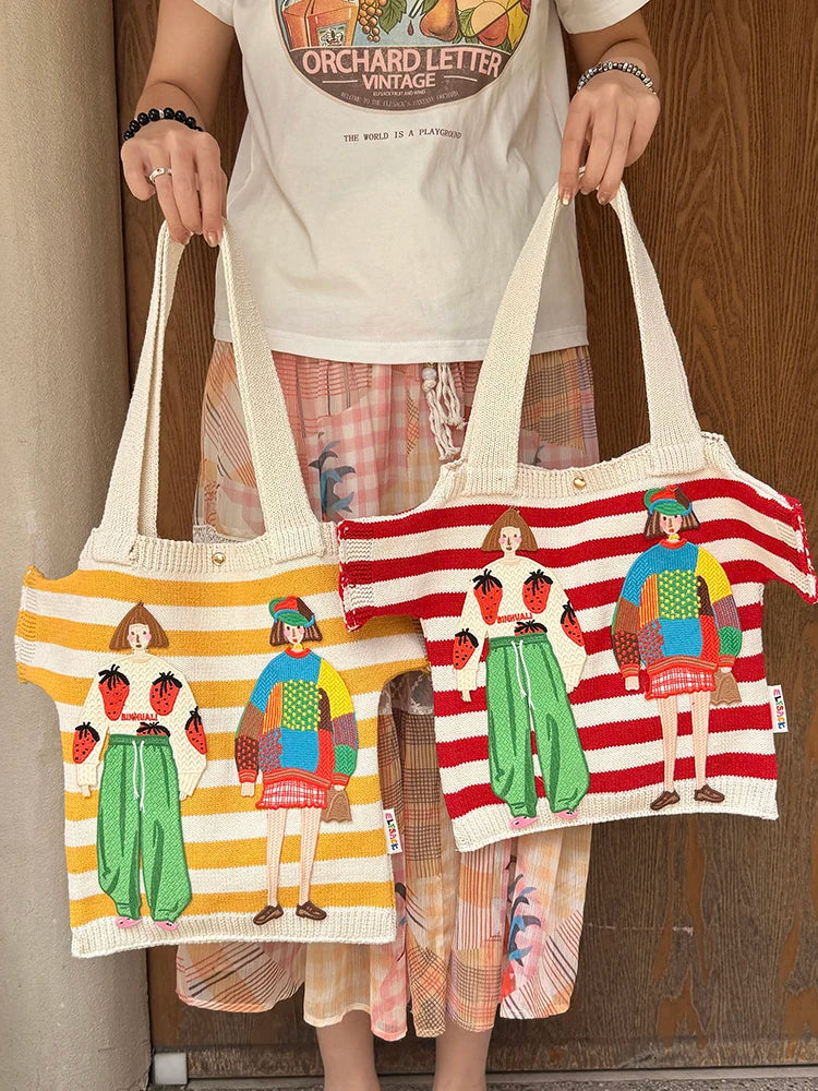 Striped Figure Applique Canvas Tote Bag, 2 Colors Cute Cartoon Character Patch Large Capacity Shoulder Shopping Bag