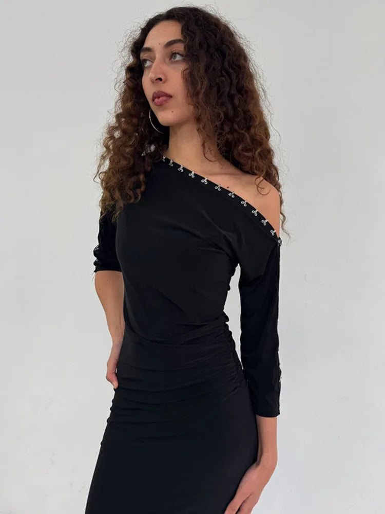Off-shoulder Backless Sexy Maxi Dress Women Elegant Black Bodycon Ruched Split Party Club Long Dress Female Gown