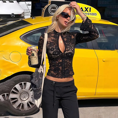 Sexy Sheer Black Floral Lace Crop Tops Front Clasp Closure Long Sleeve Woman's Shirts 2026 Fall Clothes