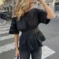Backless Bow Tie Waist Ruffle Hem Top Women Short Sleeve Crew Neck Peplum Blouse Y2K Casual Summer Party Club Streetwear