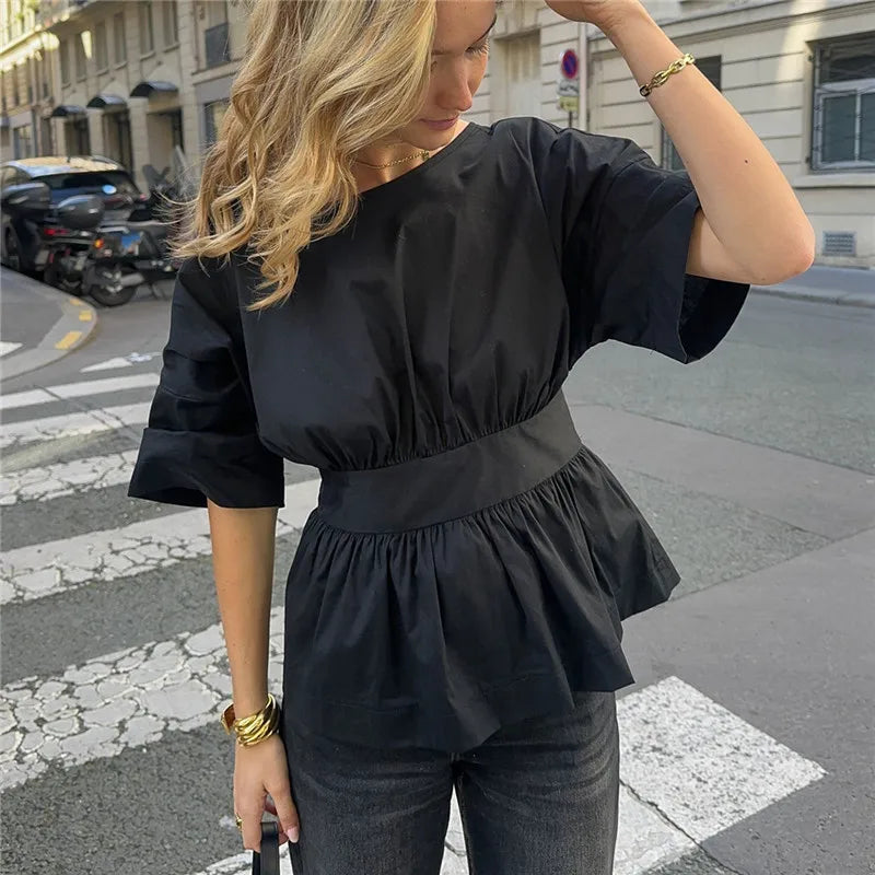 Backless Bow Tie Waist Ruffle Hem Top Women Short Sleeve Crew Neck Peplum Blouse Y2K Casual Summer Party Club Streetwear