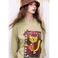 Khaki Cartoon Cat Print Long Sleeve T-Shirt for Women