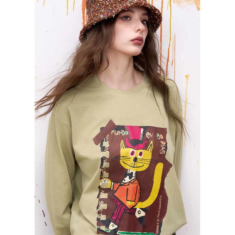 Khaki Cartoon Cat Print Long Sleeve T-Shirt for Women