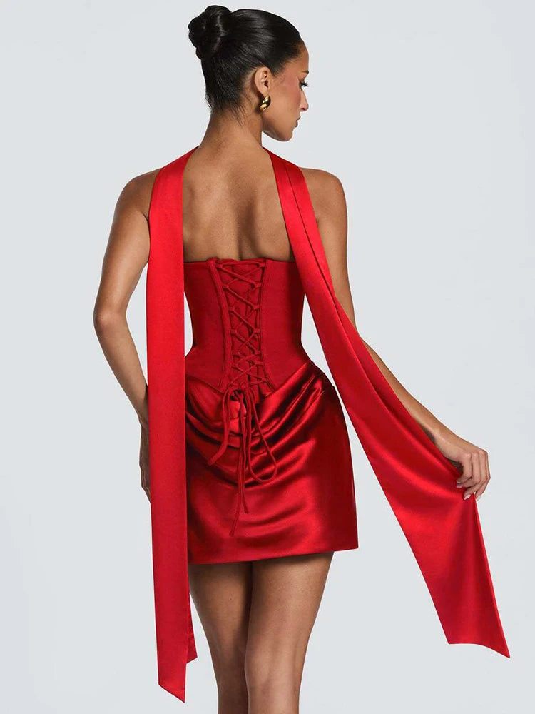 Satin Strapless Backless Sexy Mini Dress Women Elegant Halter Choker Neck Ruched Waist Bodycon Club Party Dresses