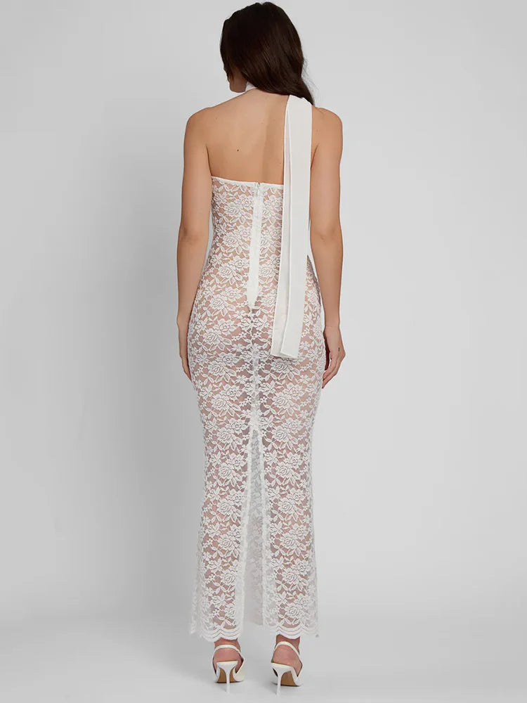 Lace See Through Sexy Midi Dress For Women Fashion Off-shoulder Strapless Sleeveless Backless Bodycon Club Party Dress