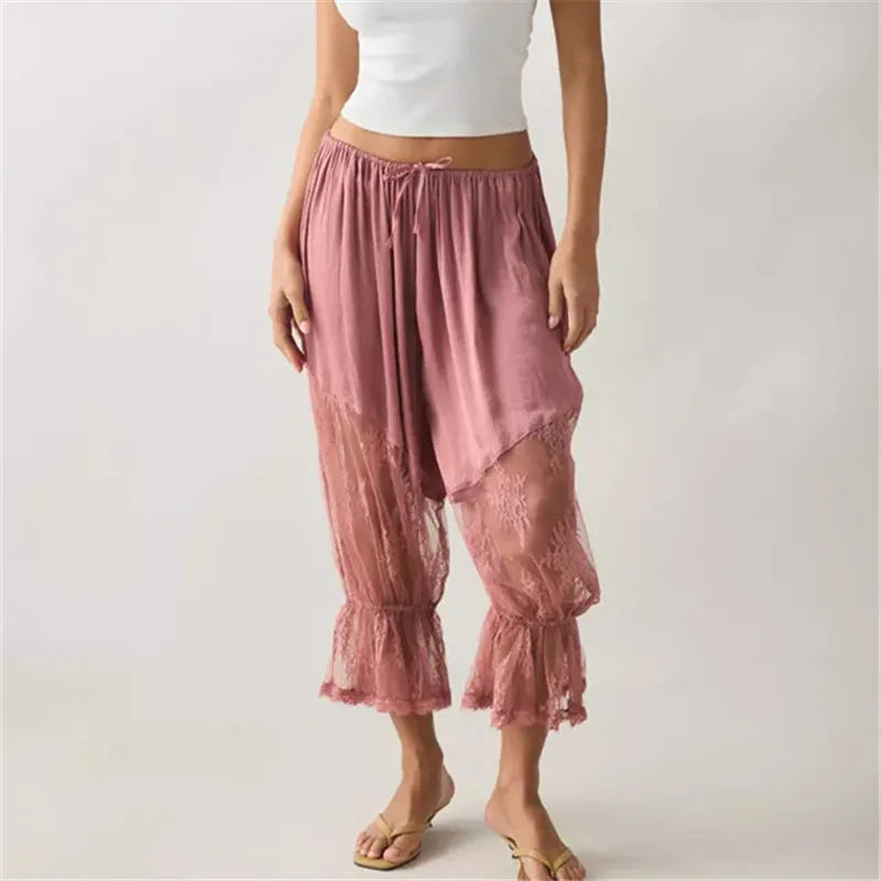 Boho Vintage Sheer Lace Harem Pants Elastic Waist Drawstring Floral Embroidery Cropped Loose Casual Pants Streetwear