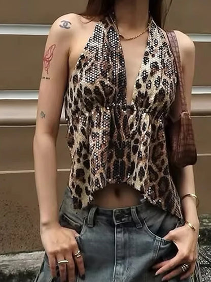 Leopard Sequins Women Vest Y2K Backless Halter V-Neck Lace-Up Sleeveless Street Skinny Wild Summer Trend Tank Tops