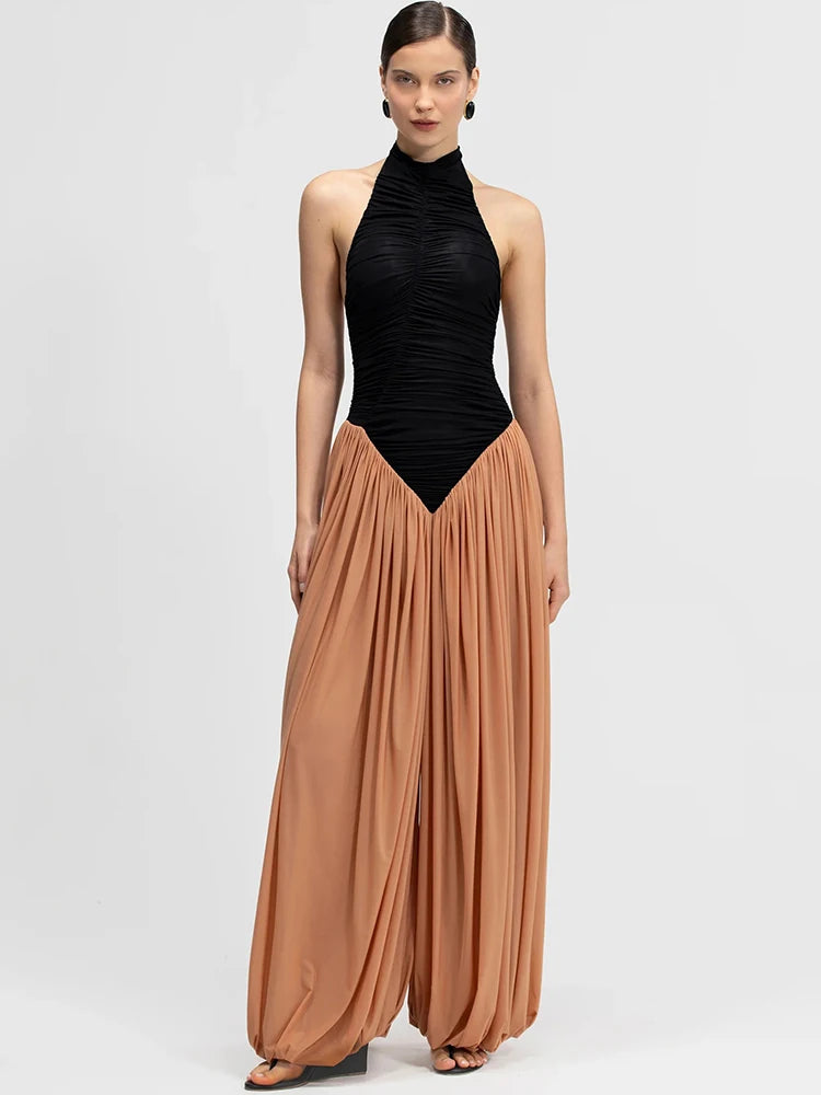 Halter Jumpsuits Women Ruched Sleeveless Backless Bodysuit Pleated Wide Leg Palazzo Pants Evening Party Flowy Overalls