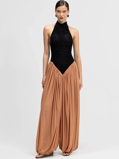 Halter Jumpsuits Women Ruched Sleeveless Backless Bodysuit Pleated Wide Leg Palazzo Pants Evening Party Flowy Overalls