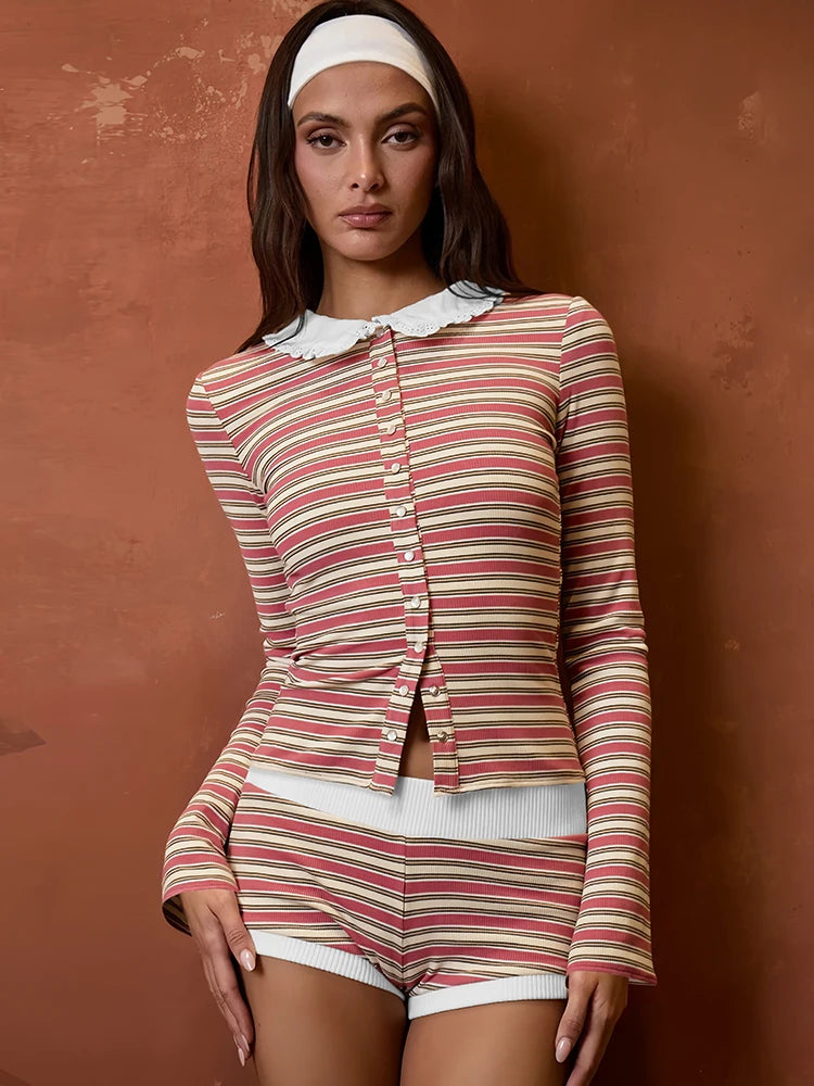 Sporty 2-Piece Set Women Peter Pan Collar Full Sleeve Single-Breasted Crop Top+Patchwork Short Colorful Striped Suits