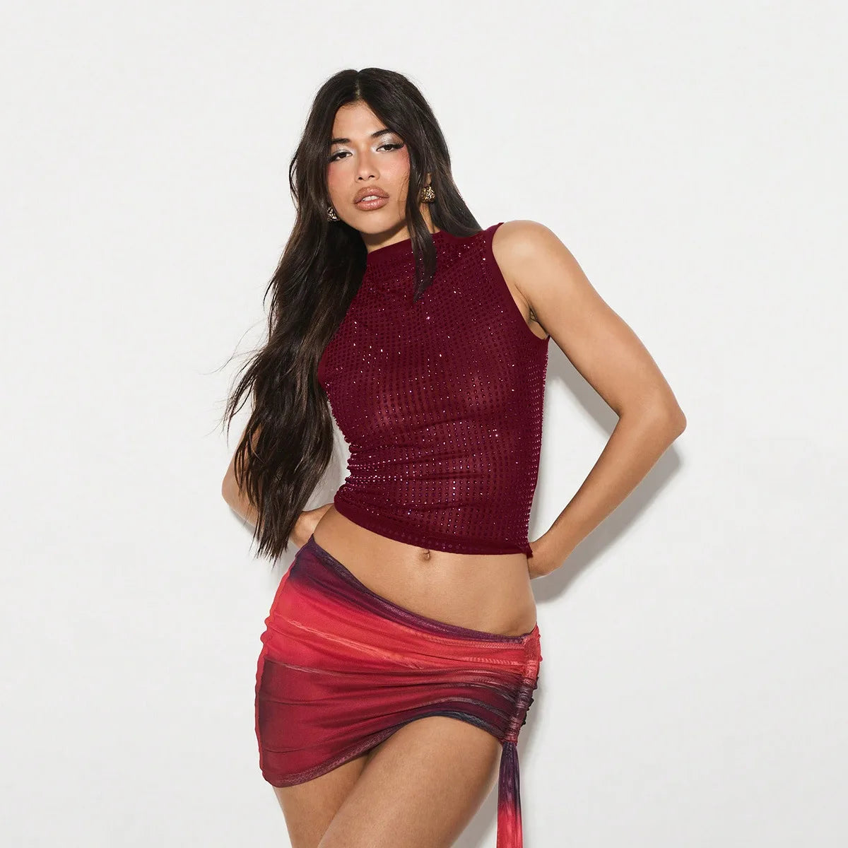 Women Sequin Mesh Tank Tops Turtle Neck Sleeveless Rhinestone Decor Slim Fit Summer Vest Shirts Sparkly Party Clubwear