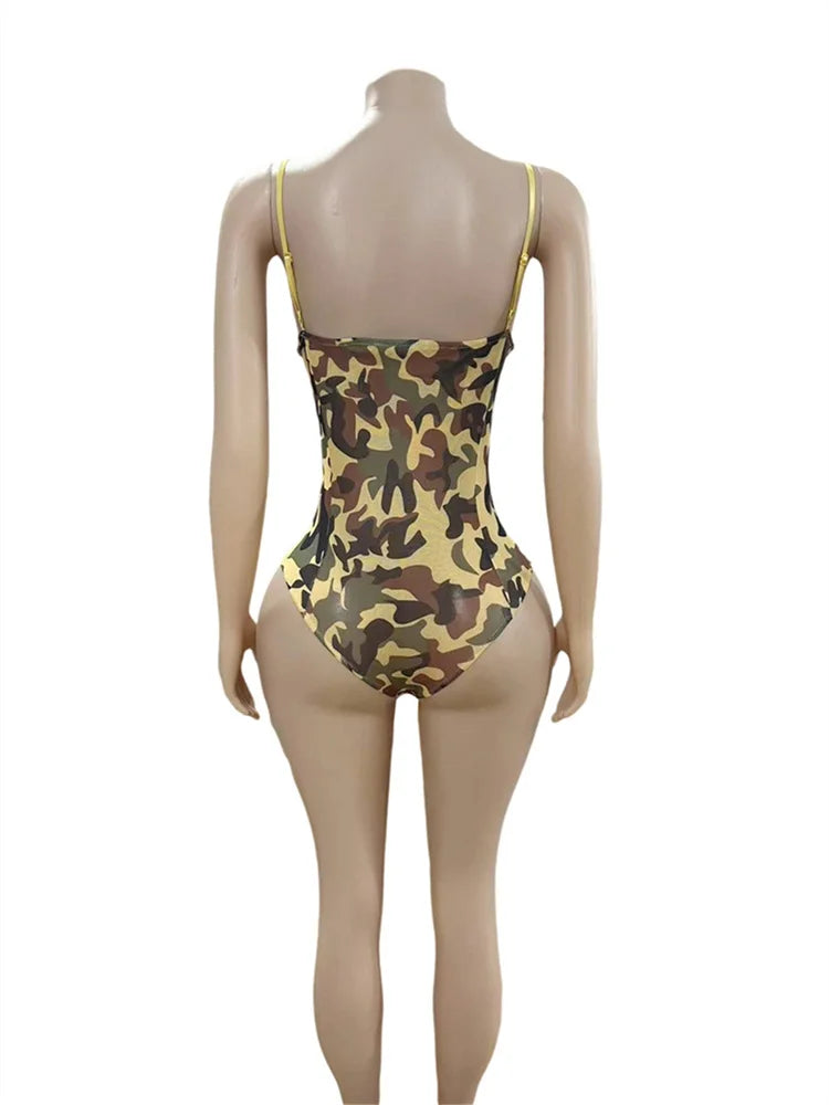 Camouflage Print Bodysuits Women Low-Neck Backless Skinny Stretch New Trend Hip-hop Style Classic Streetwear Bodycon