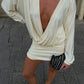 Deep v-Neck Dress Women Full Sleeve Solid Autumn Fashion Folds Elasticity Comfortable Stretch Midnight Mini Bodycon