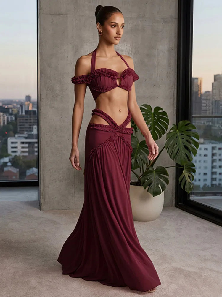 Women 2 Piece Maxi Skirt Set Halter Off Shoulder Ruffle Crop Top And Long Skirt Elegant Evening Party Matching Outfit