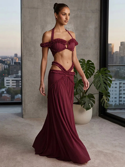 Women 2 Piece Maxi Skirt Set Halter Off Shoulder Ruffle Crop Top And Long Skirt Elegant Evening Party Matching Outfit